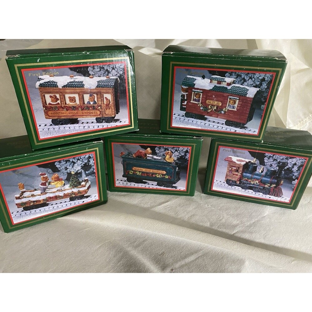 Vintage North Pole Express Teddy Bear Christmas Train Village Set 5 Boxed